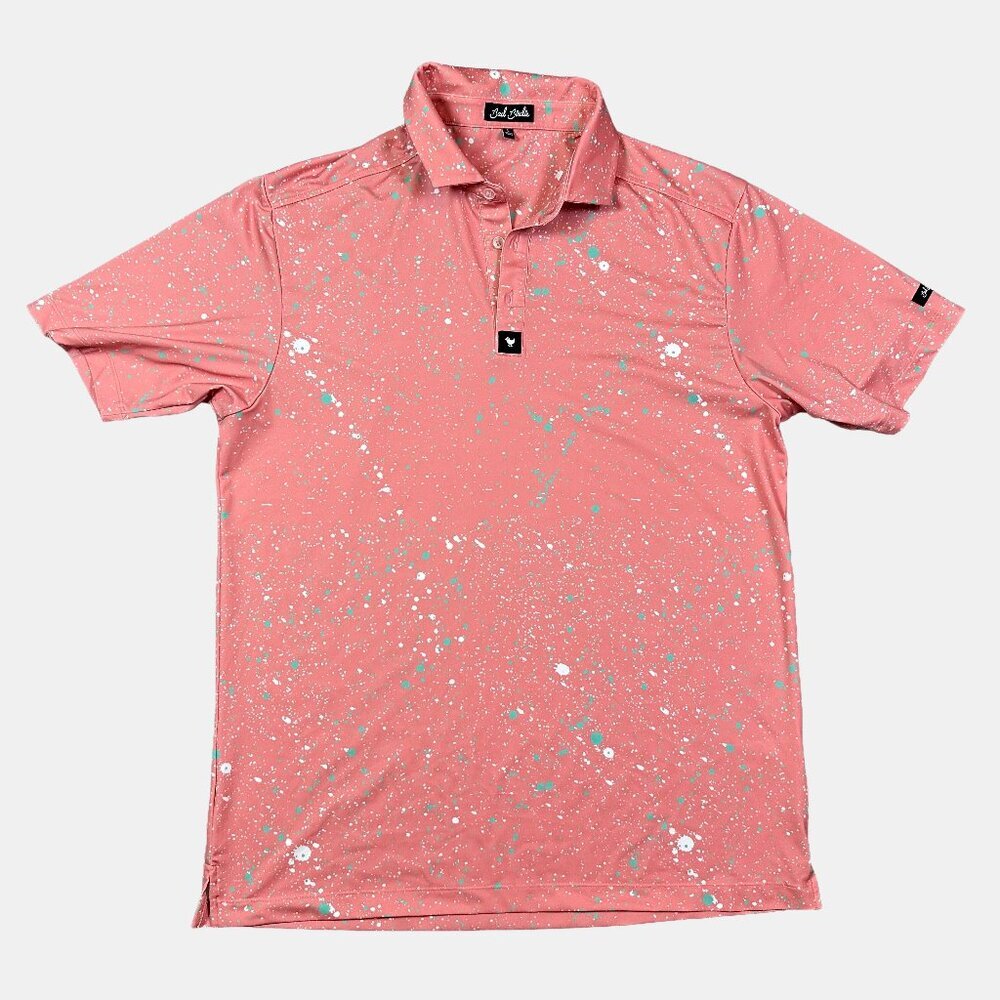 Bad Birdie Golf Polo Shirt Mens Medium Salmon Pink Paint Splatter All Over Print